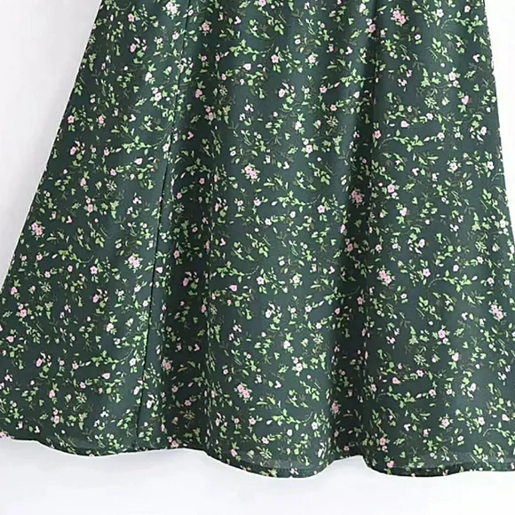 Green Floral Sweetheart Neck Chiffon Dress with Ribbon Straps - Picture 7 of 16